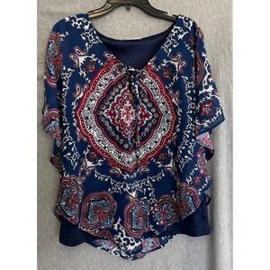 Westport 1962 Poncho Festival Gypsy Peasant Navy Boho Paisley Rhinestone XL